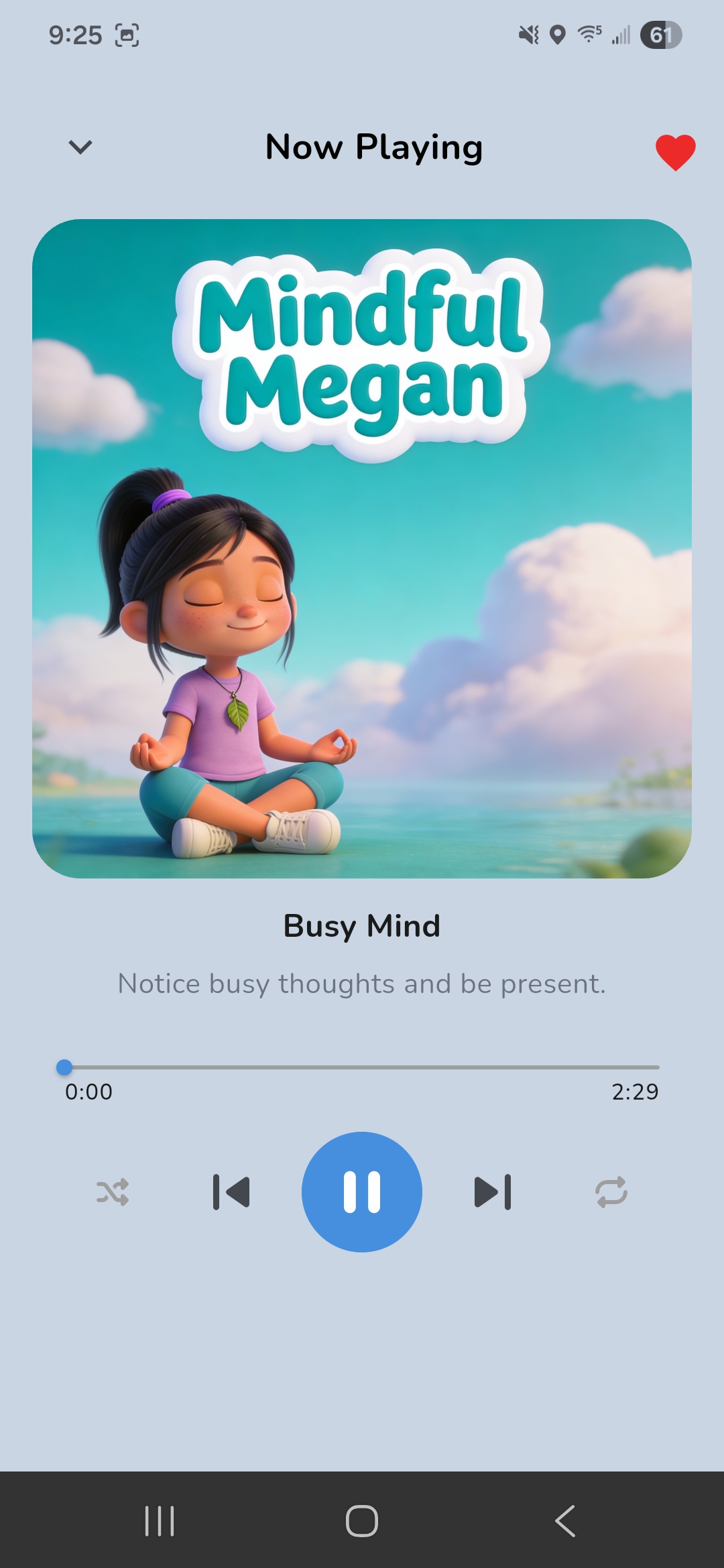 Mindful Megan Busy Mind song playing in Friendever with playback controls visible