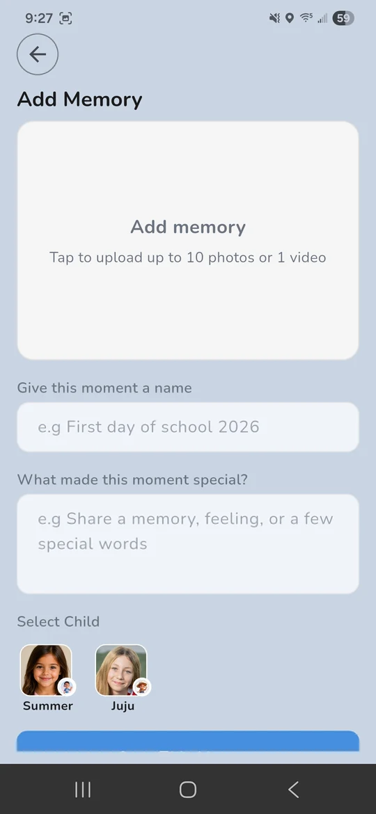 Friendever Add Memory screen for adding a photo, story and child