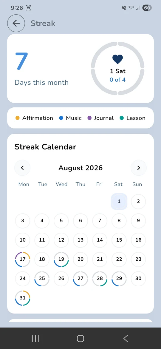 Friendever streak calendar showing affirmations, music, journal and lessons