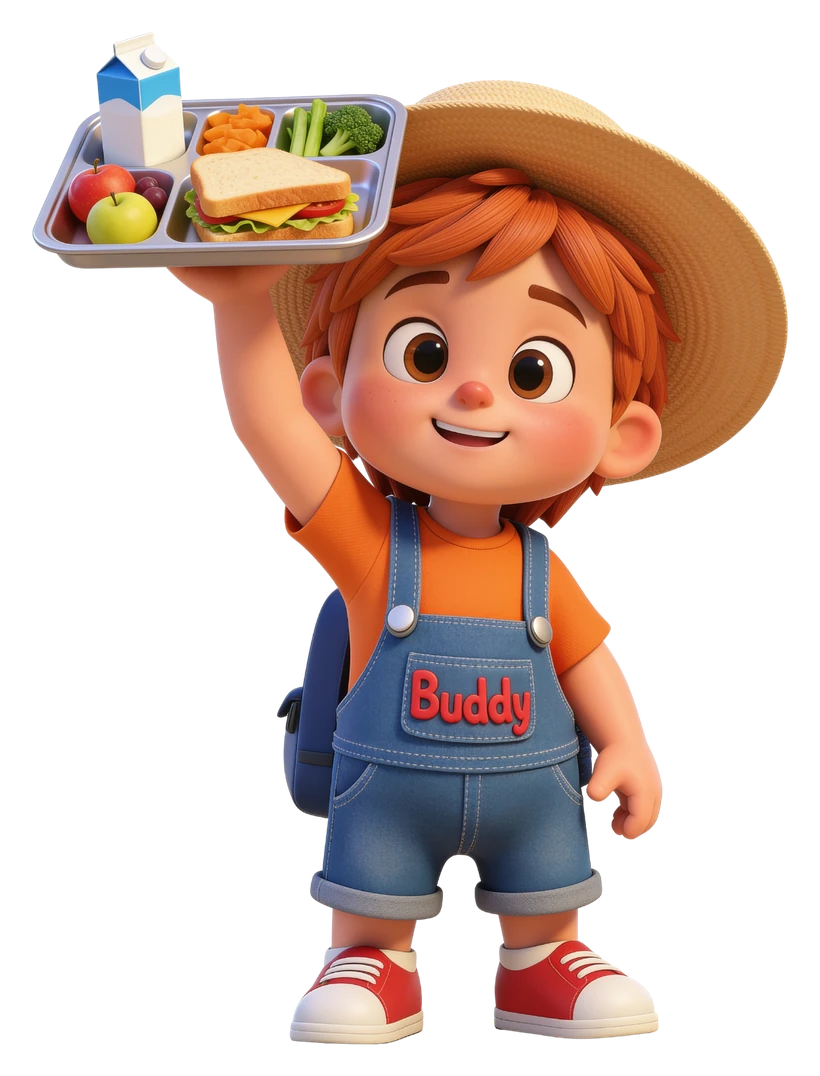 Buddy Bueno holding a school lunch tray