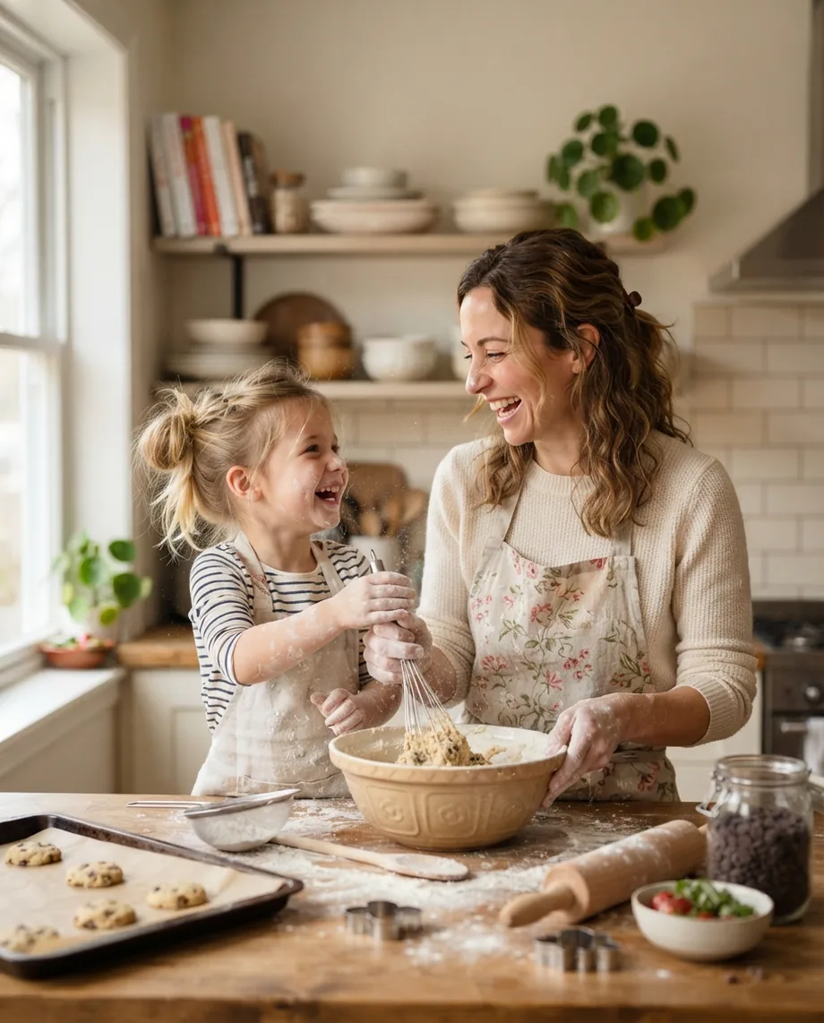 A mother and daughter laughing while baking