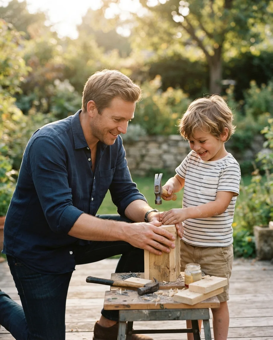 A parent and child building something together