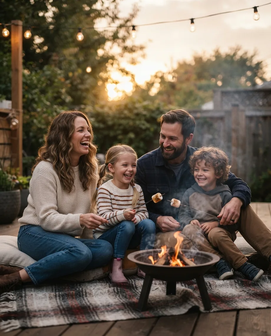 A family laughing together around a backyard fire
