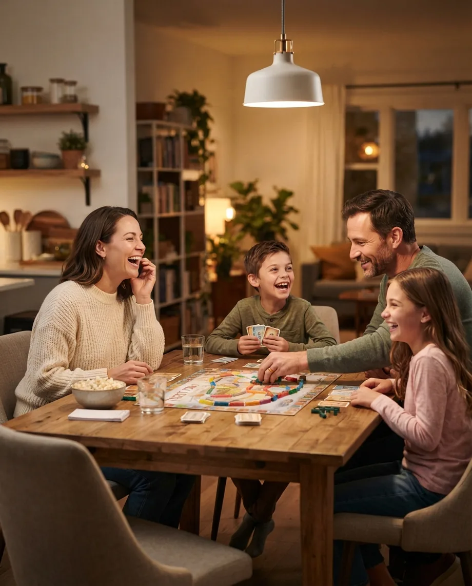 A family laughing during game night