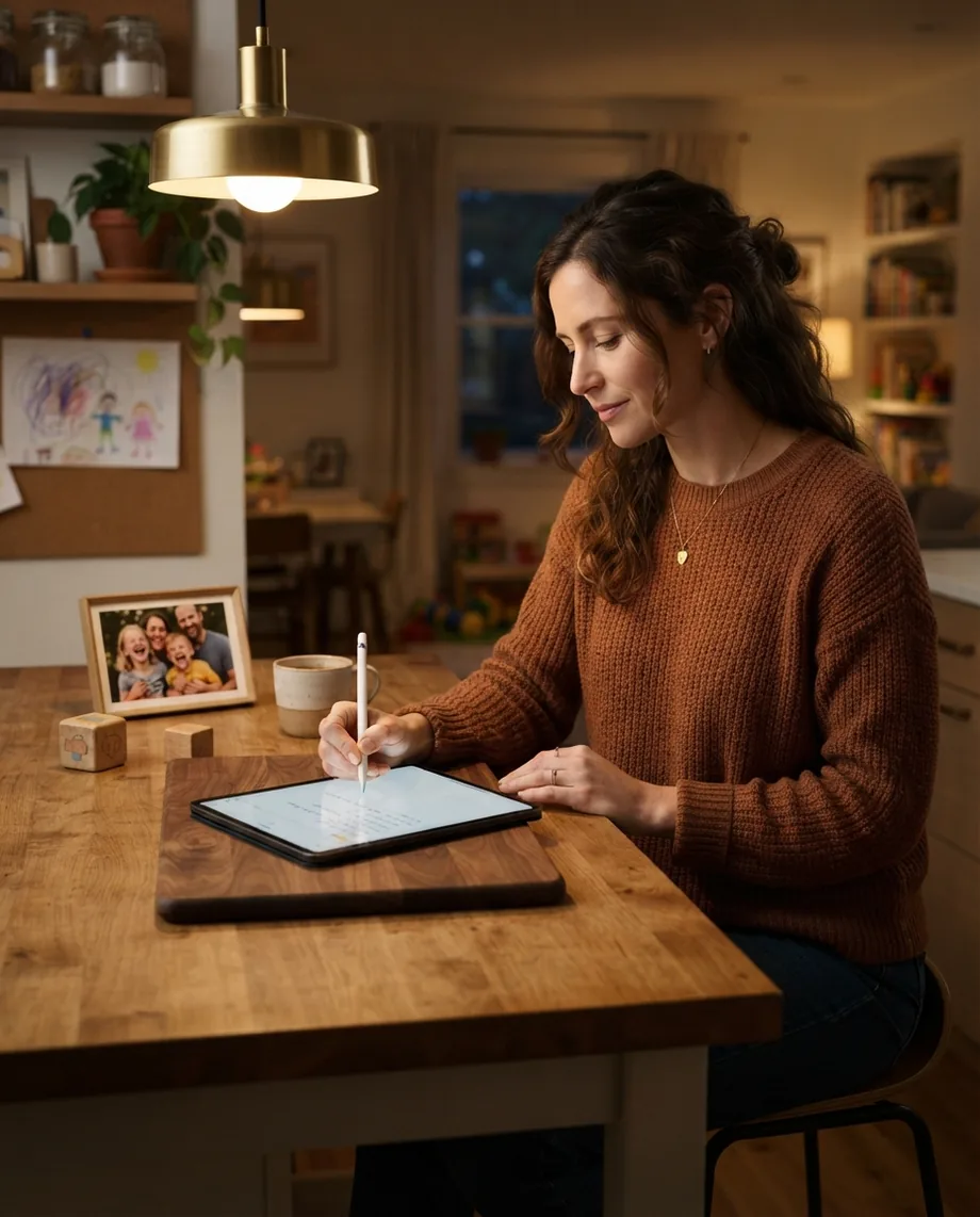 A parent reflecting in a journal at the kitchen table